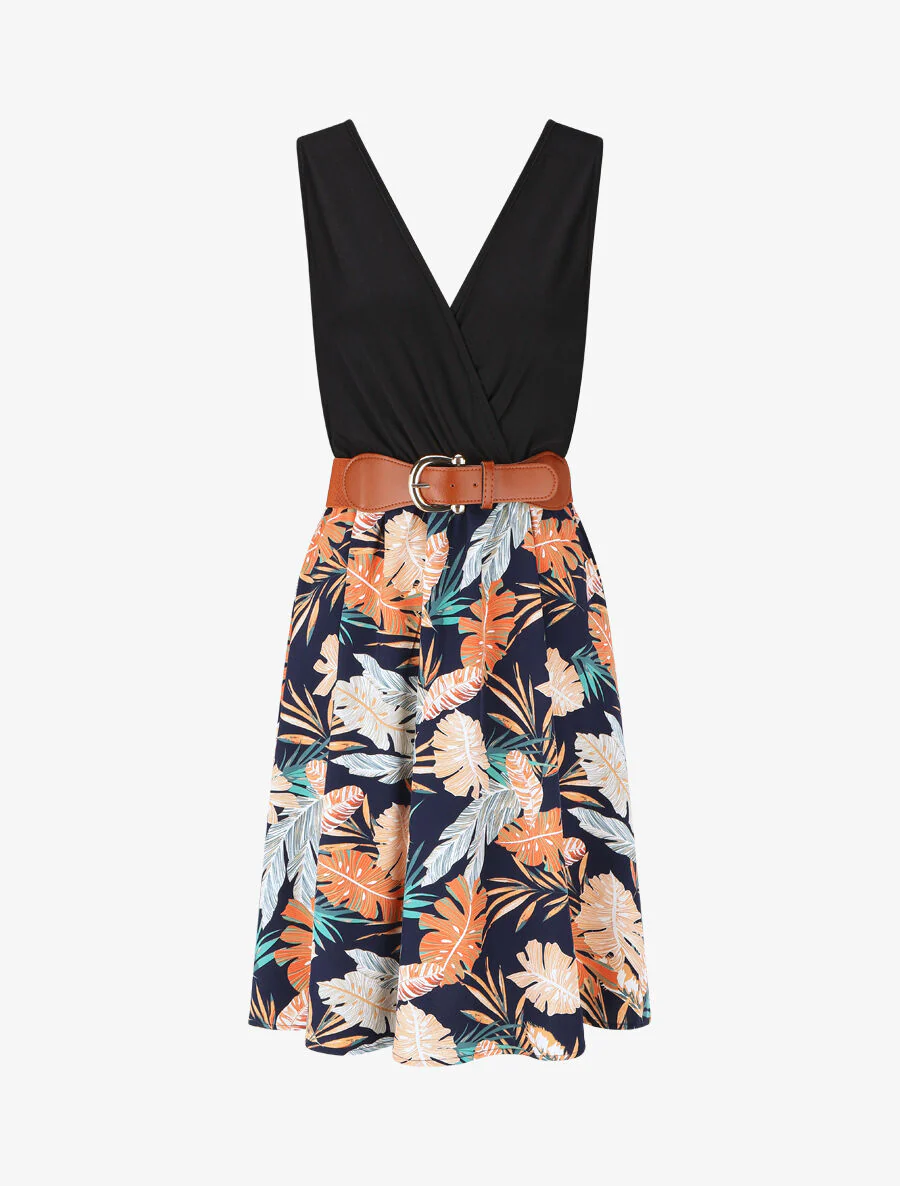 Uitlopende halflange jurk met tropische print - Marineblauw