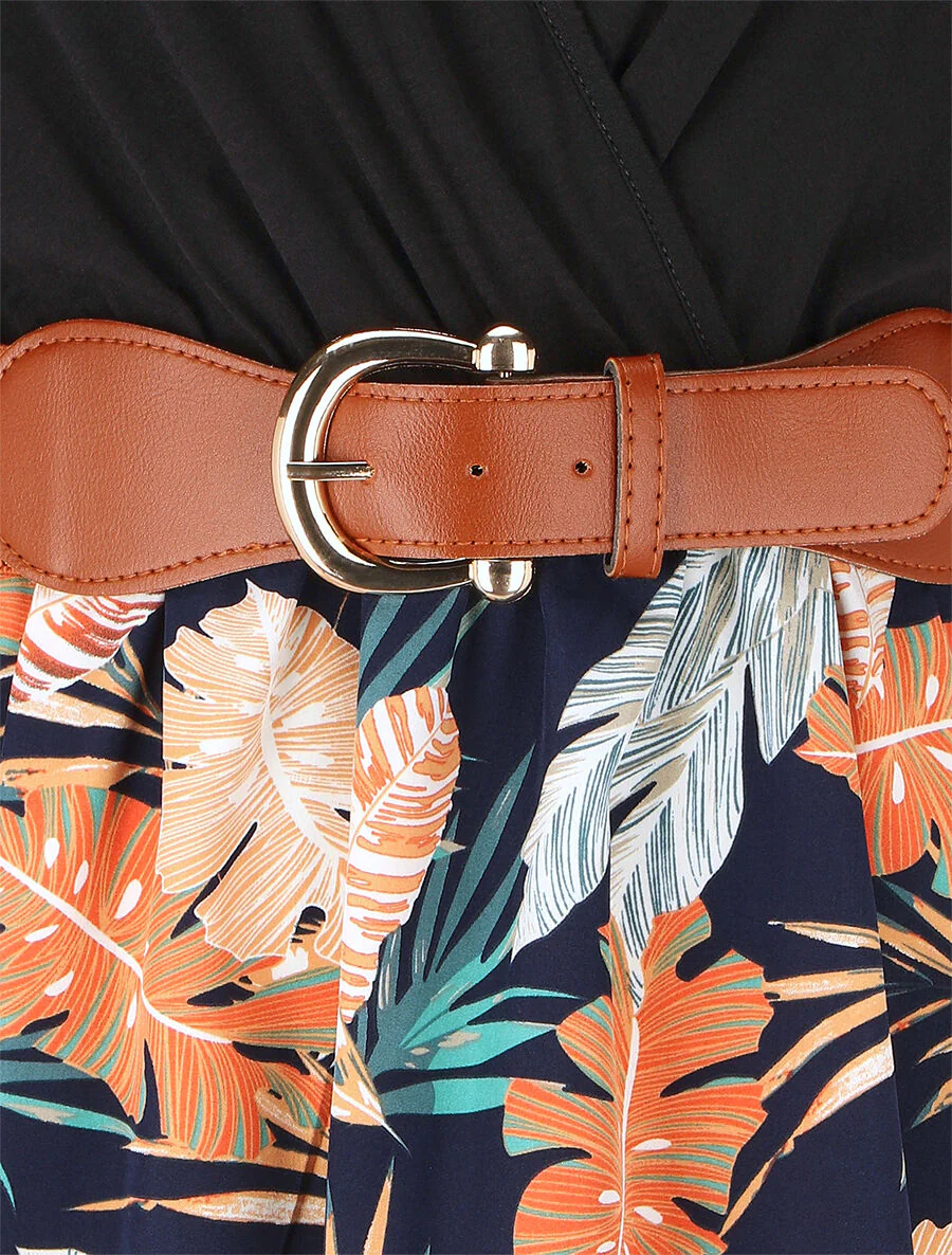 Uitlopende halflange jurk met tropische print - Marineblauw - Image 3