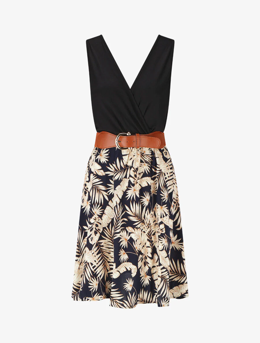 Uitlopende halflange jurk met tropische print - Marineblauw