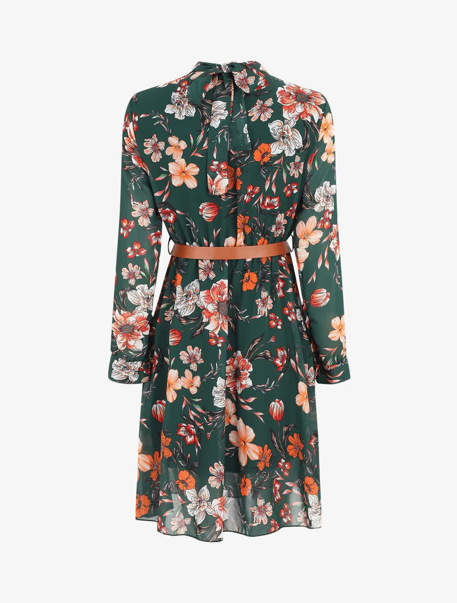 Uitlopende jurk met hoge kraag en wilde bloemen-print - Donkergroen - Image 2
