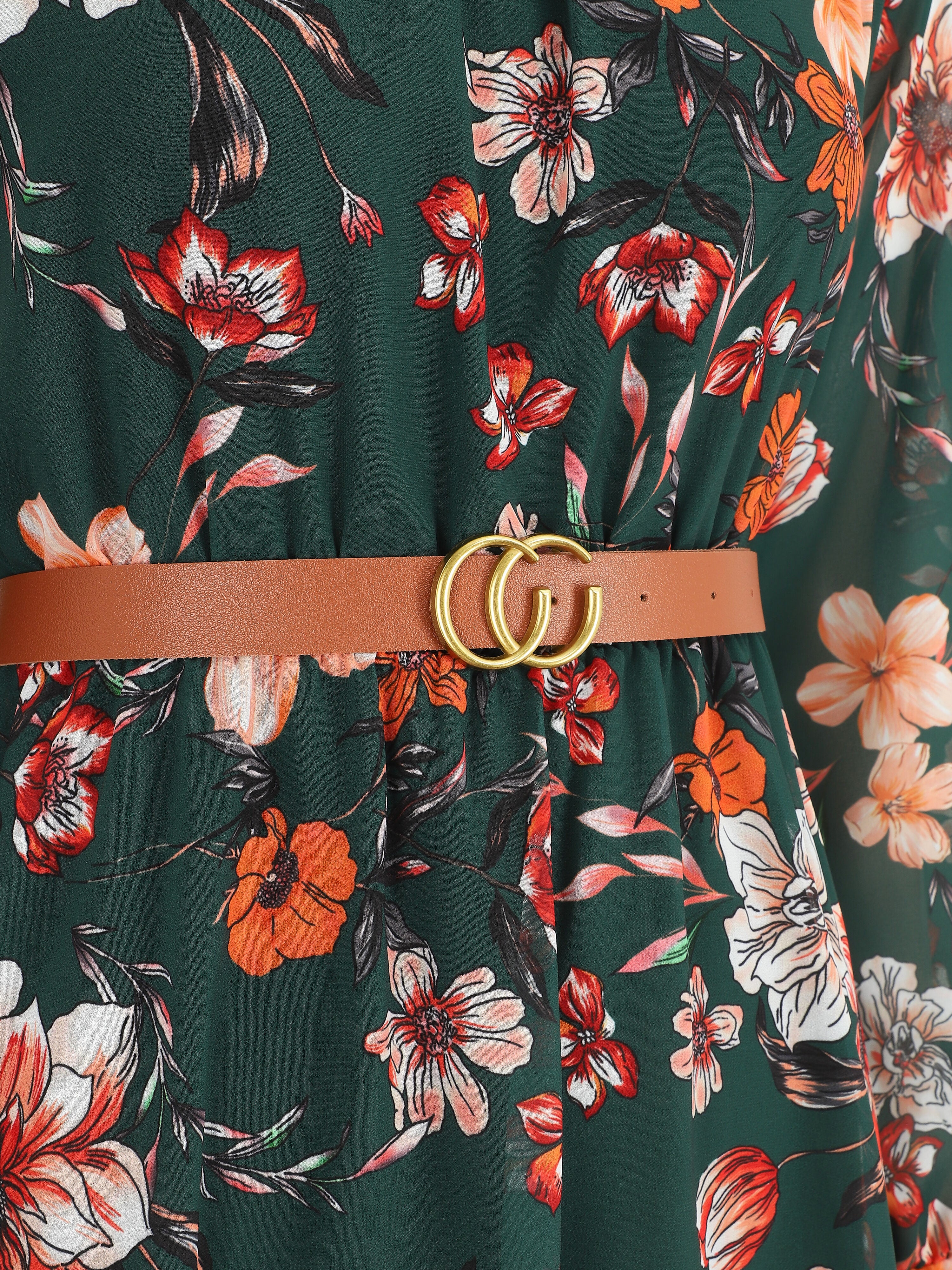 Uitlopende jurk met hoge kraag en wilde bloemen-print - Donkergroen - Image 3