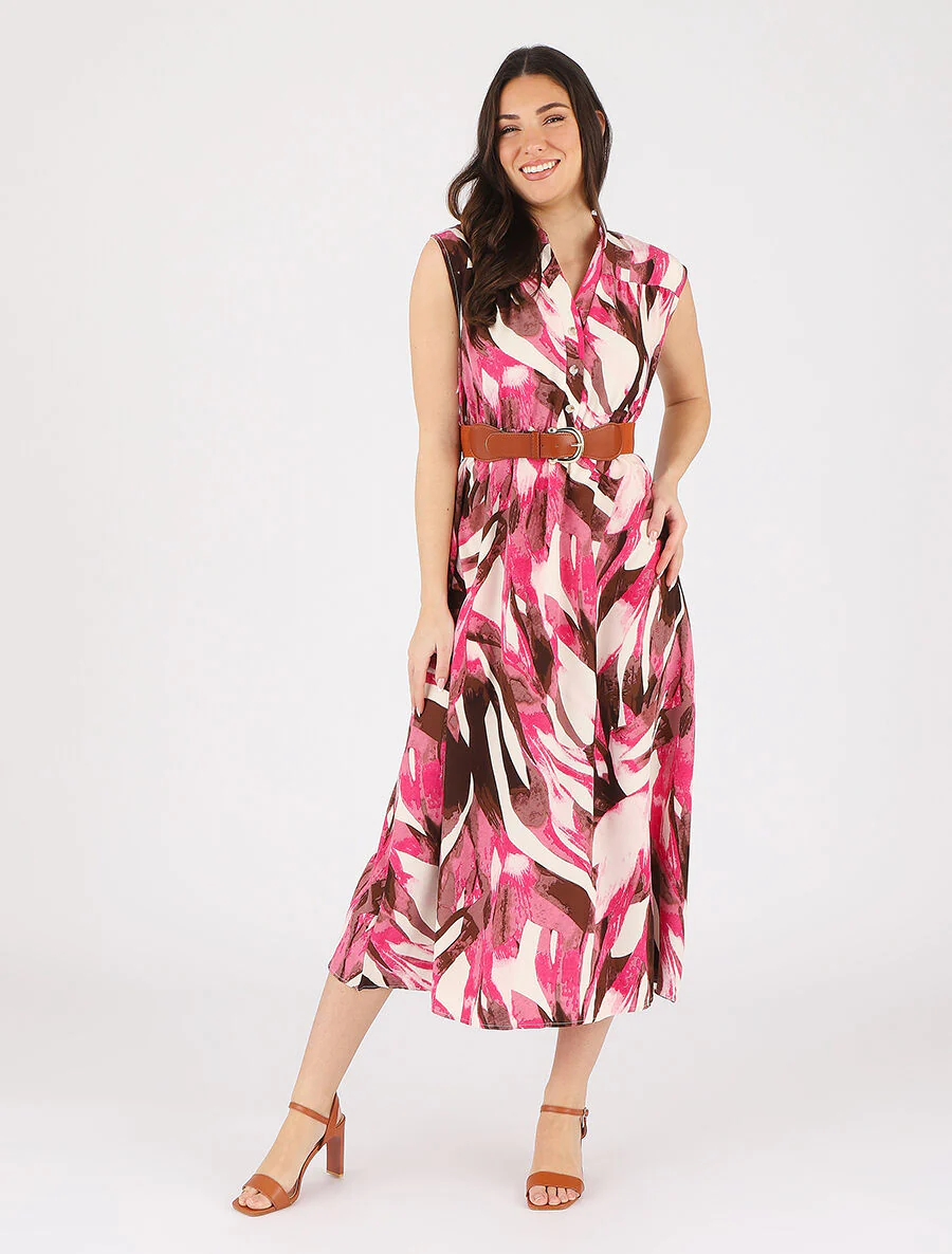 Uitlopende jurk met knopen en abstracte print - fuchsia - Image 4