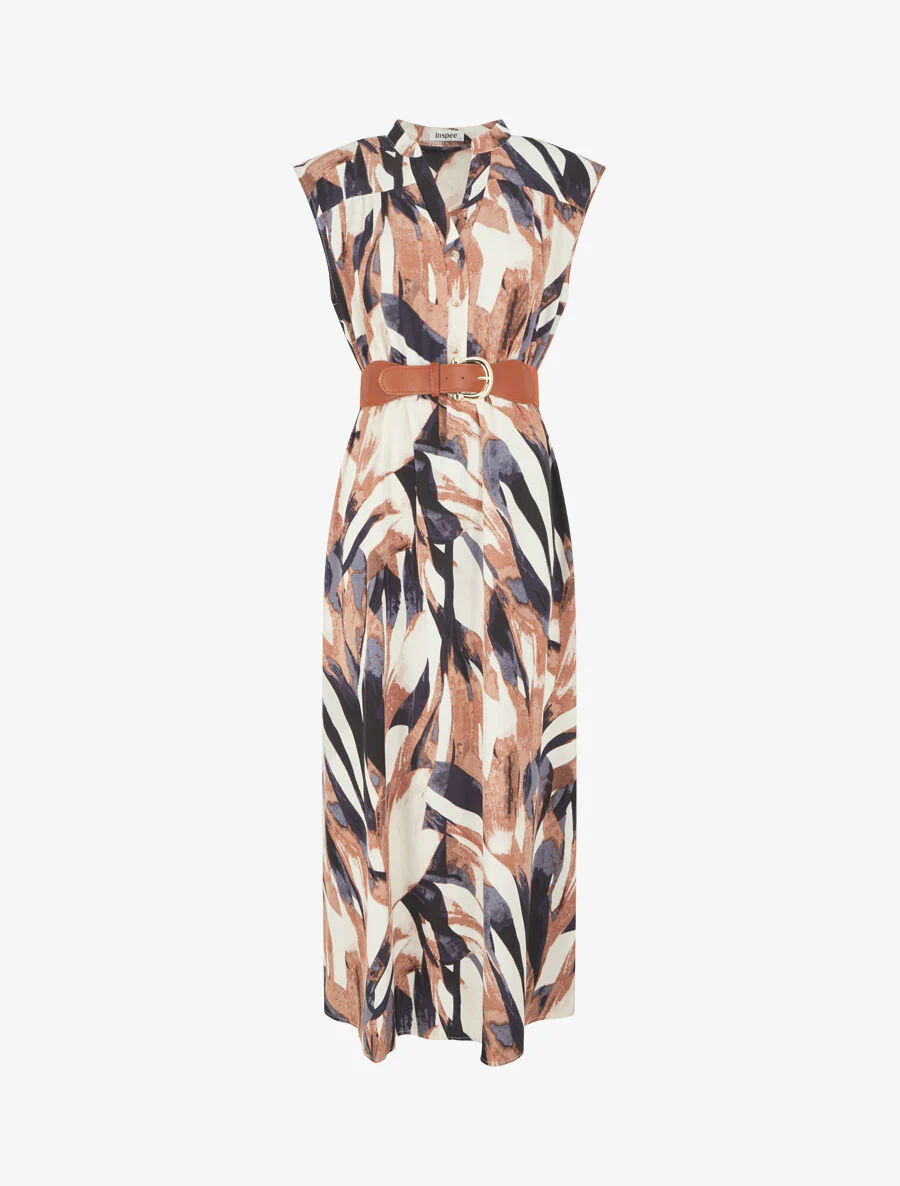 Uitlopende jurk met knopen en abstracte print - Marineblauw