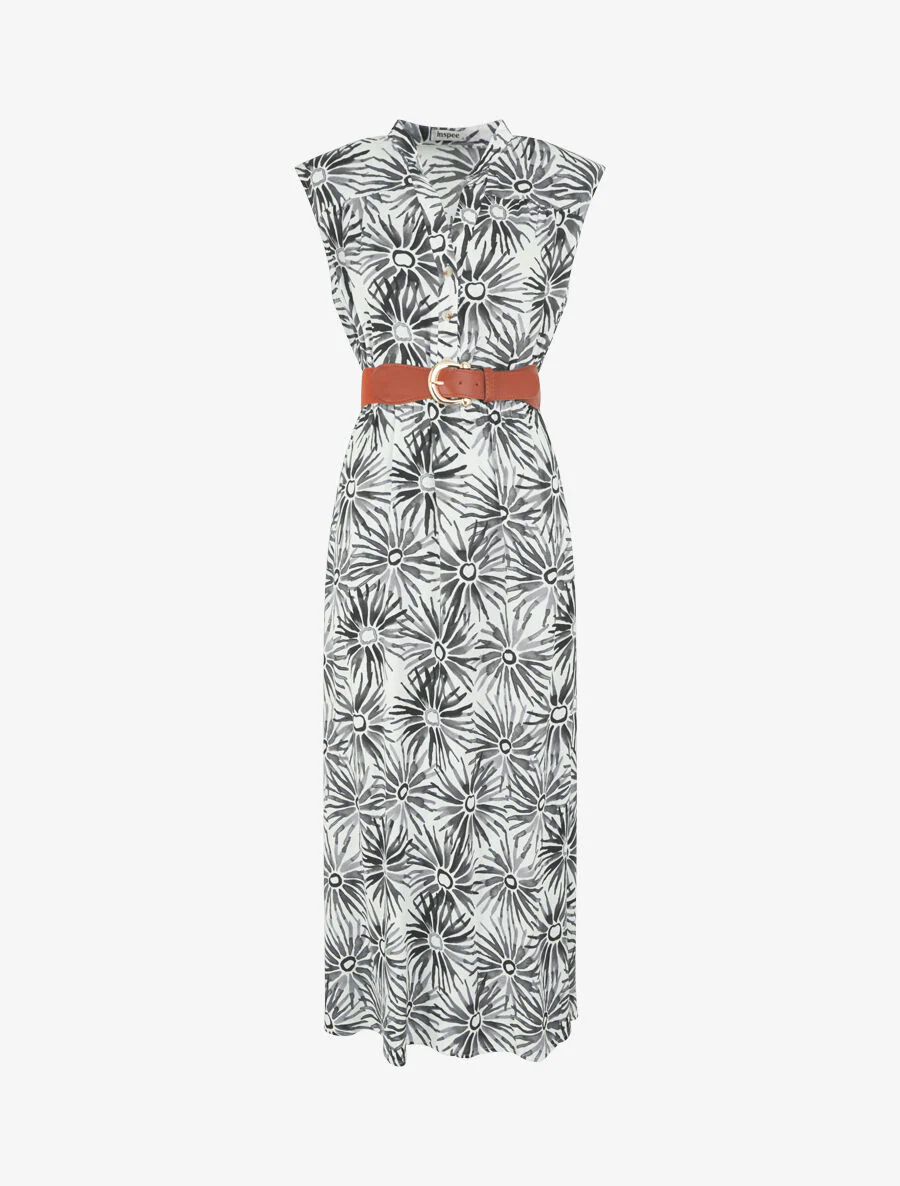 Uitlopende jurk met knopen en bloemenprint - zwart