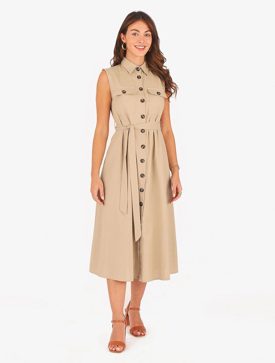 Uitlopende jurk met knopen en zakken - beige - Image 4