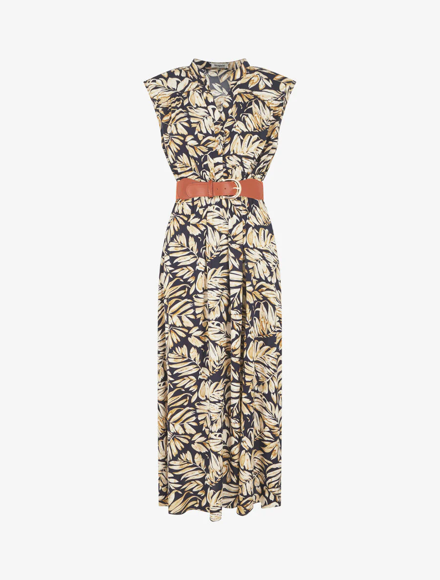 Uitlopende jurk met knopen met plantenprint - Marineblauw