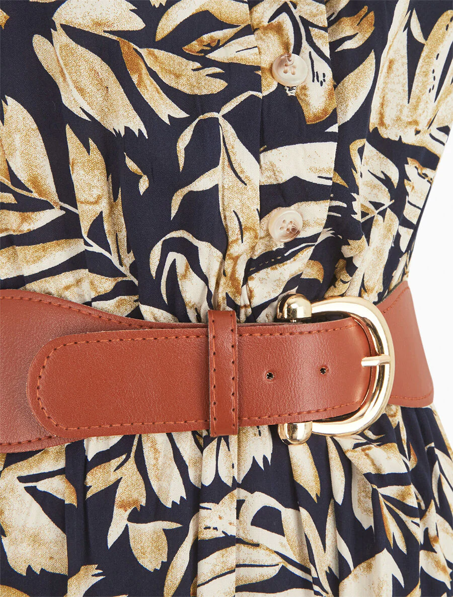 Uitlopende jurk met knopen met plantenprint - Marineblauw - Image 3