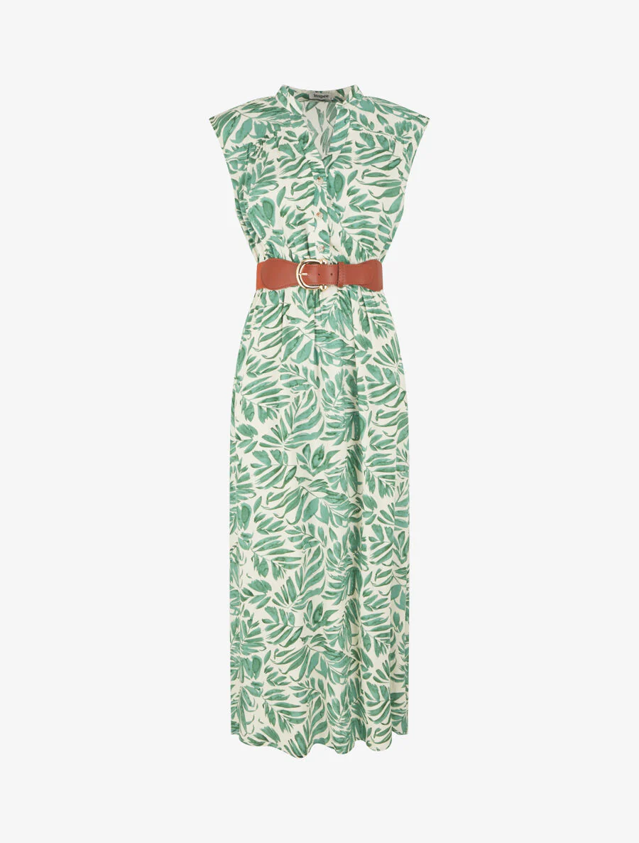 Uitlopende jurk met knopen met plantenprint - groen