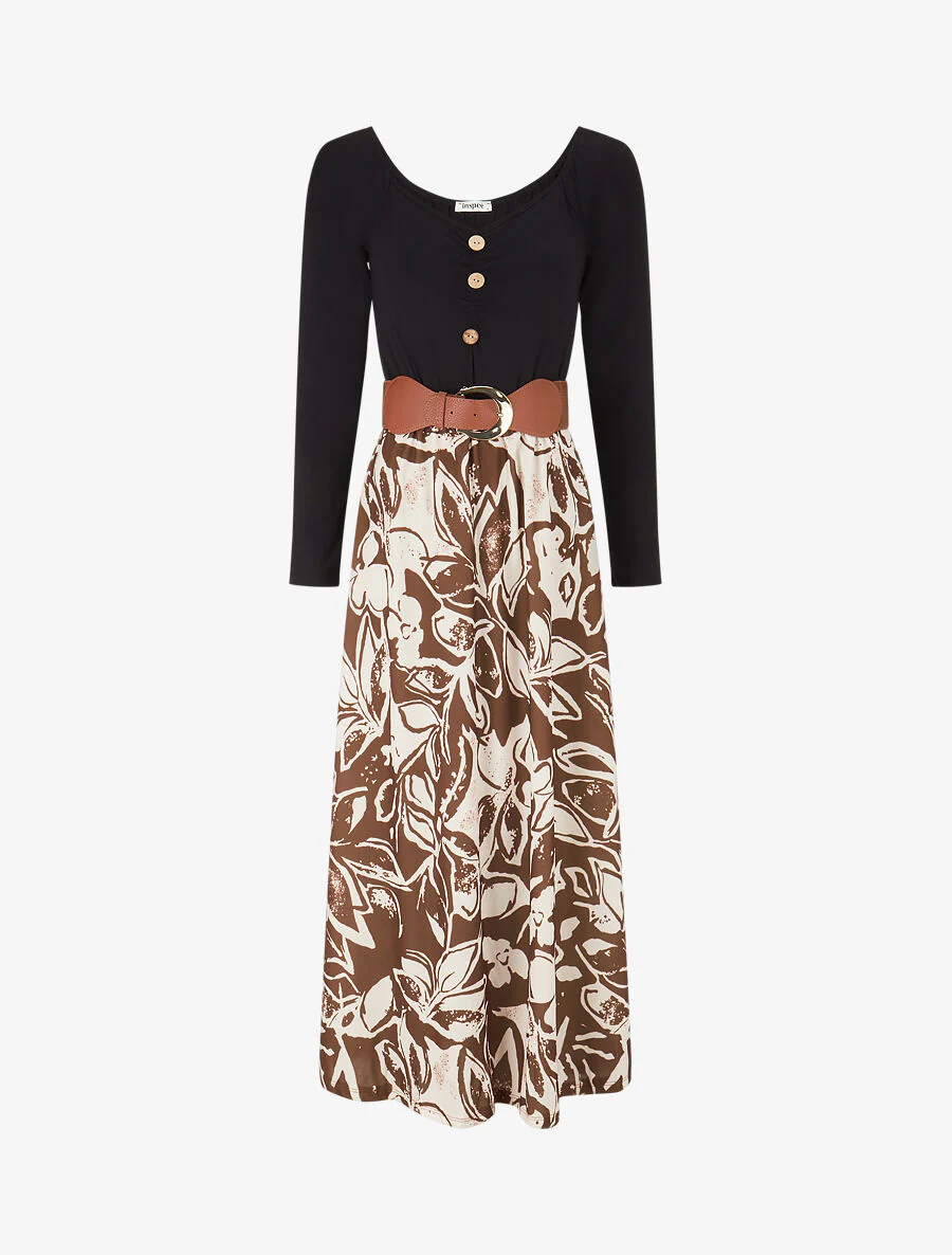 Uitlopende jurk met rok met bloemenprint - bruin