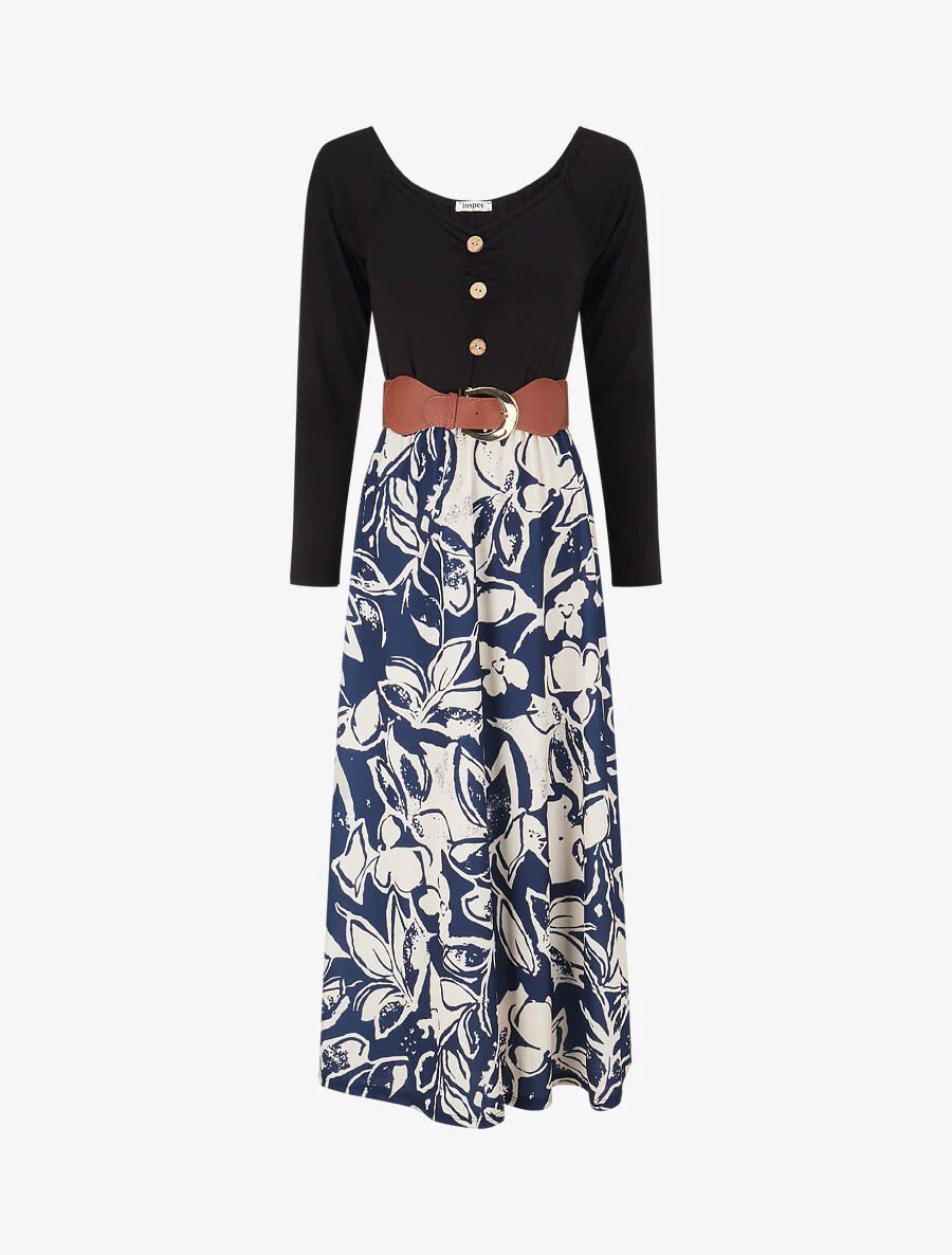Uitlopende jurk met rok met bloemenprint - Marineblauw