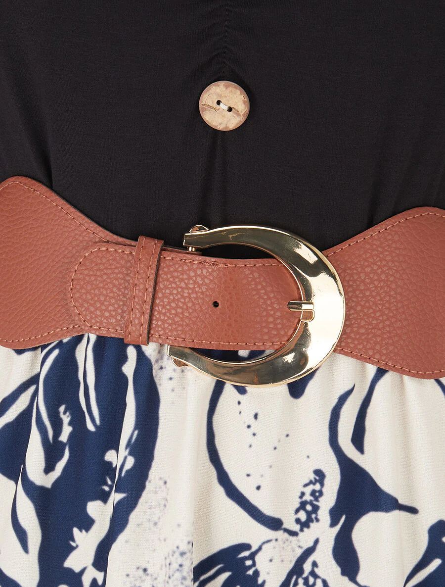 Uitlopende jurk met rok met bloemenprint - Marineblauw - Image 3