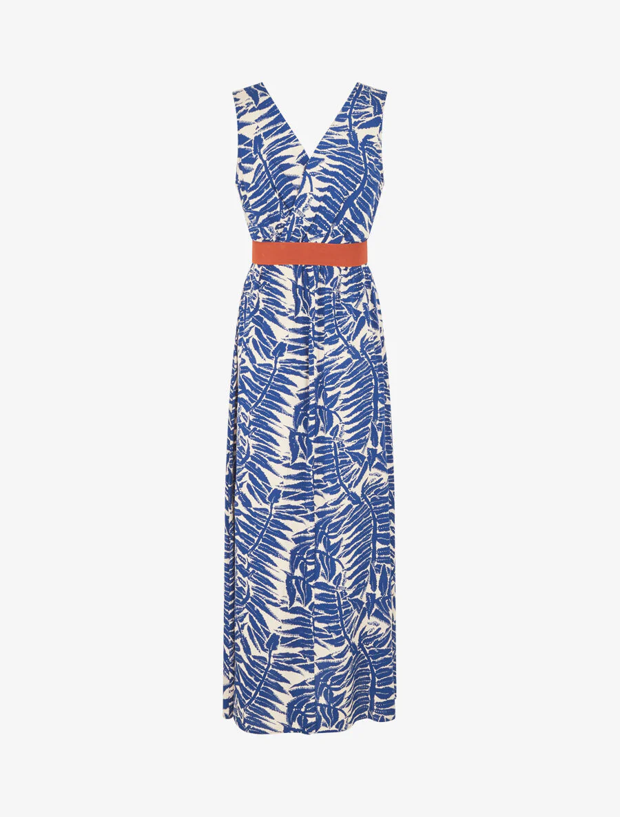 Uitlopende lange jurk met tropische print - blauw - Image 2