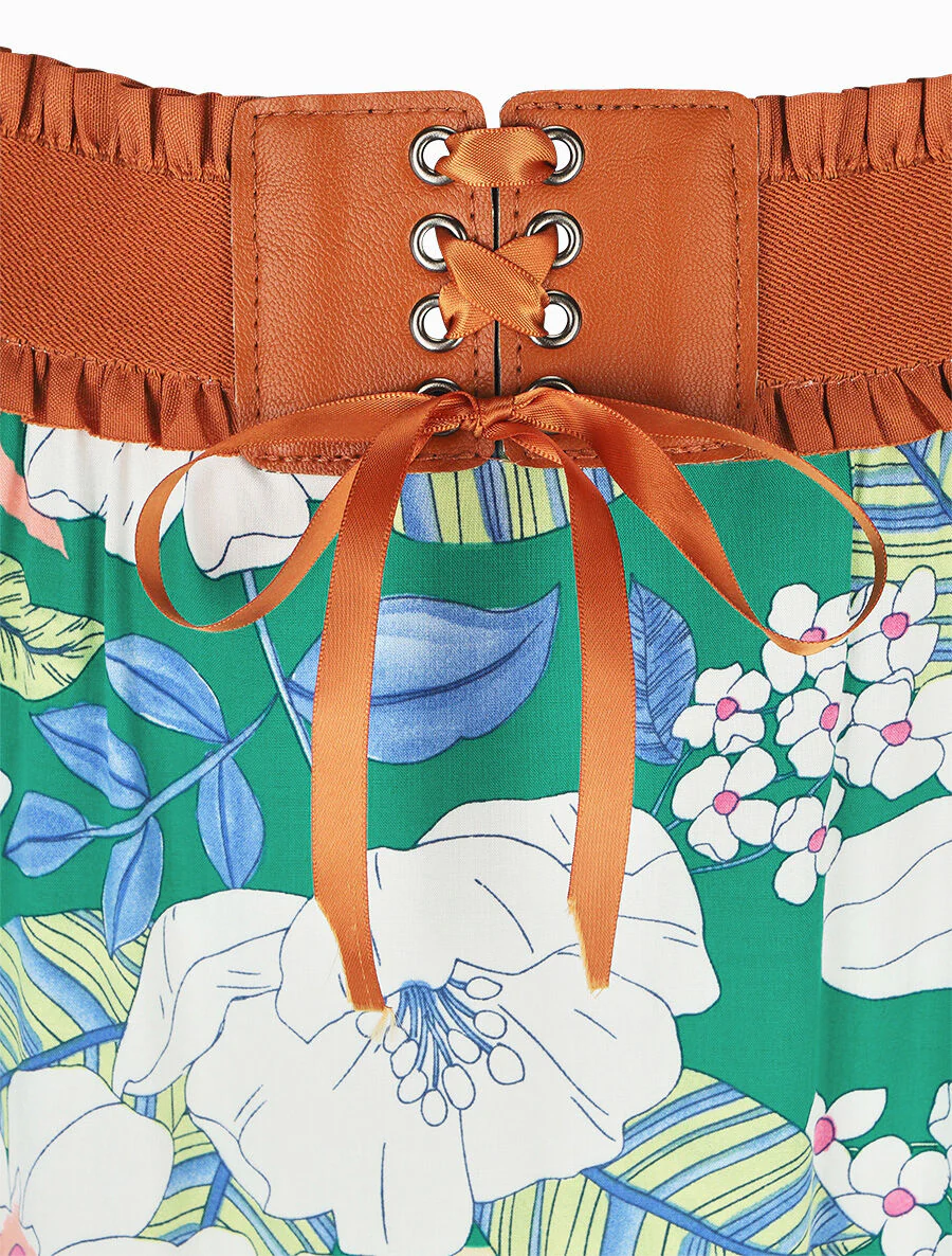 Uitlopende lange rok met bloemenprint - groen - Image 3