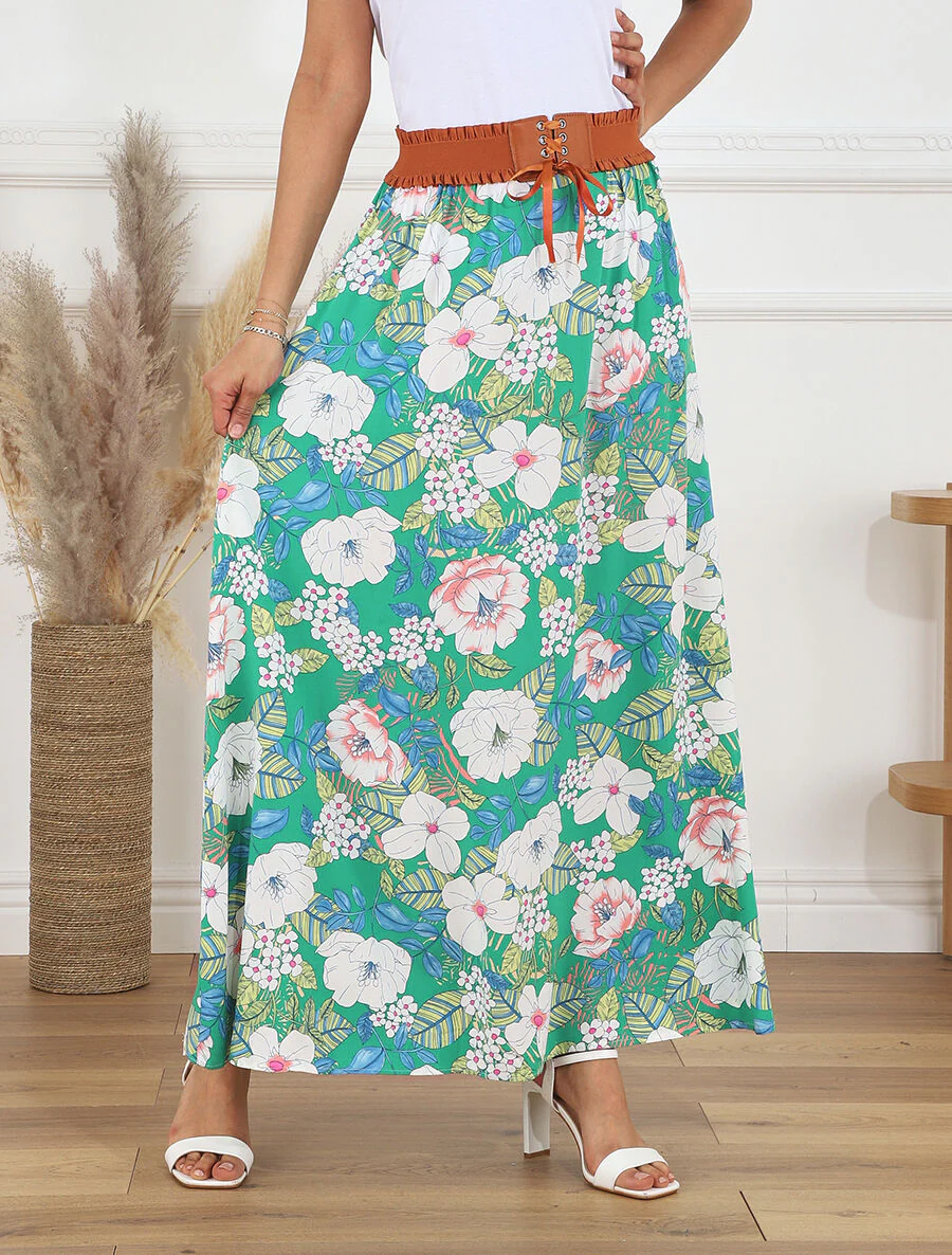 Uitlopende lange rok met bloemenprint - groen - Image 4