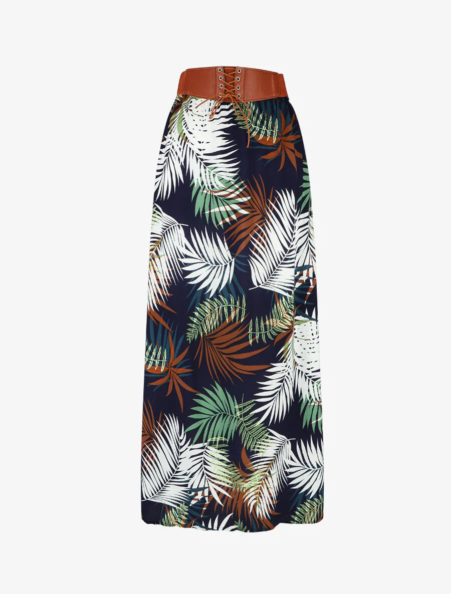 Uitlopende lange rok met tropische print - Marineblauw