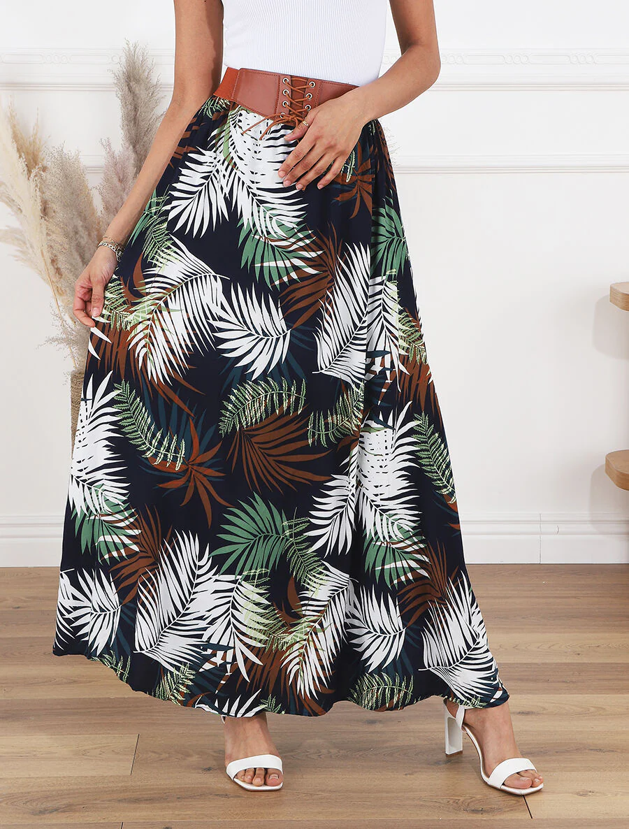 Uitlopende lange rok met tropische print - Marineblauw - Image 4
