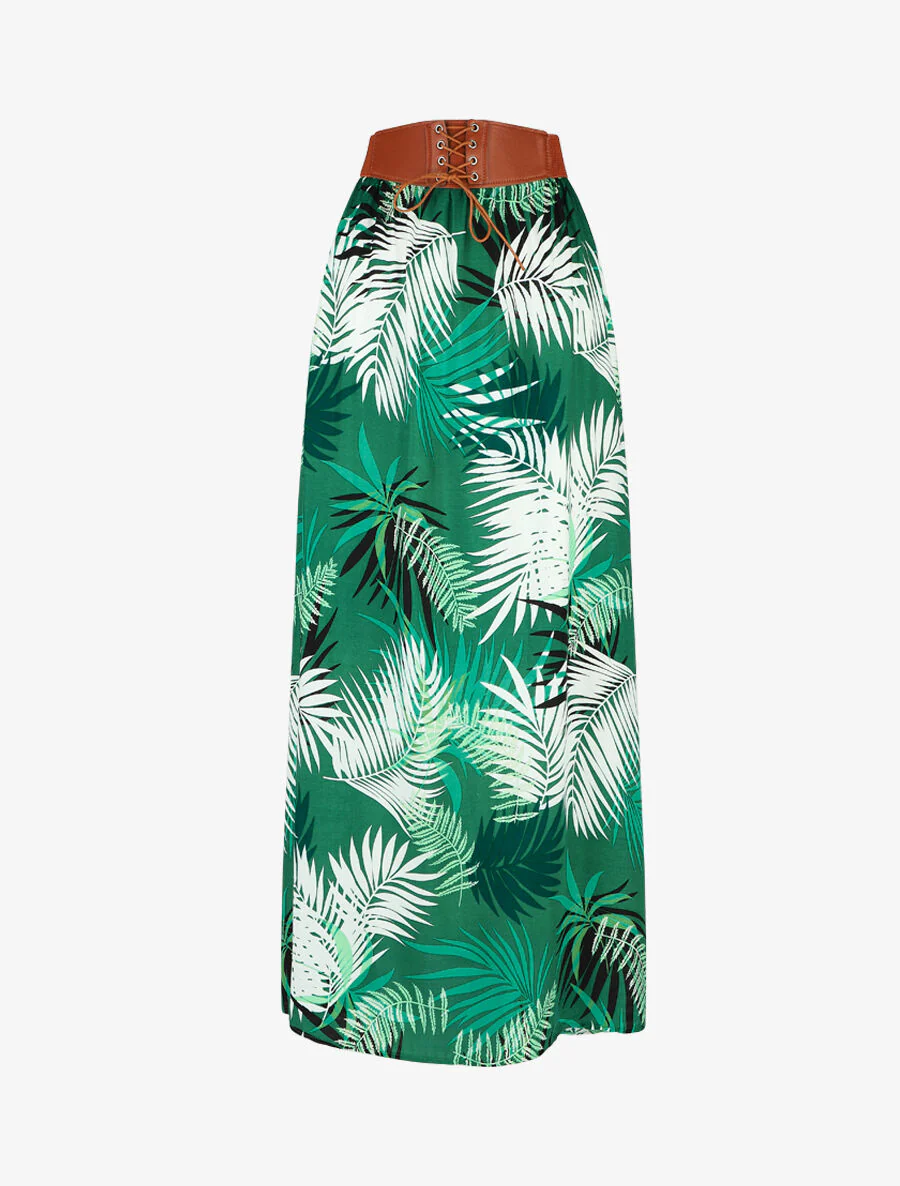 Uitlopende lange rok met tropische print - groen