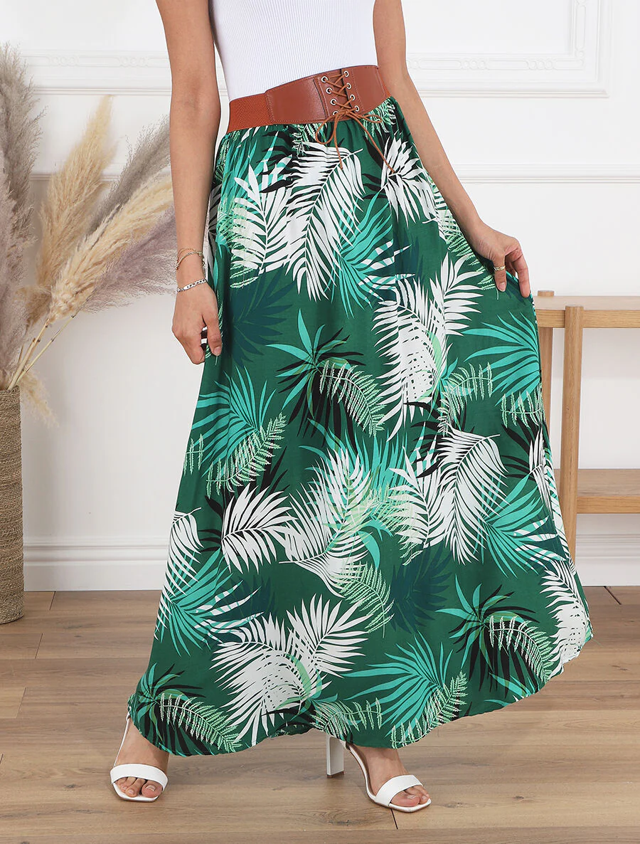 Uitlopende lange rok met tropische print - groen - Image 4