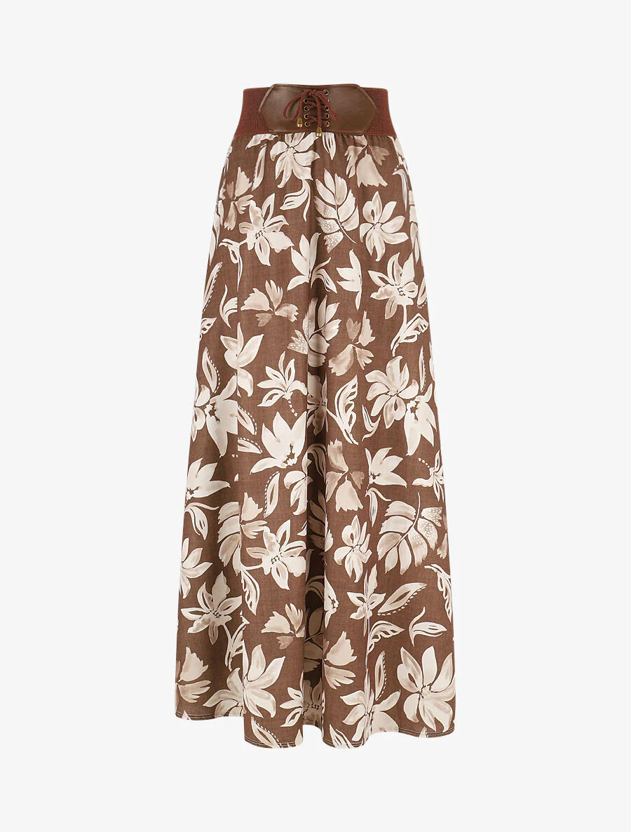 Uitlopende rok met bloemenprint - Bruin