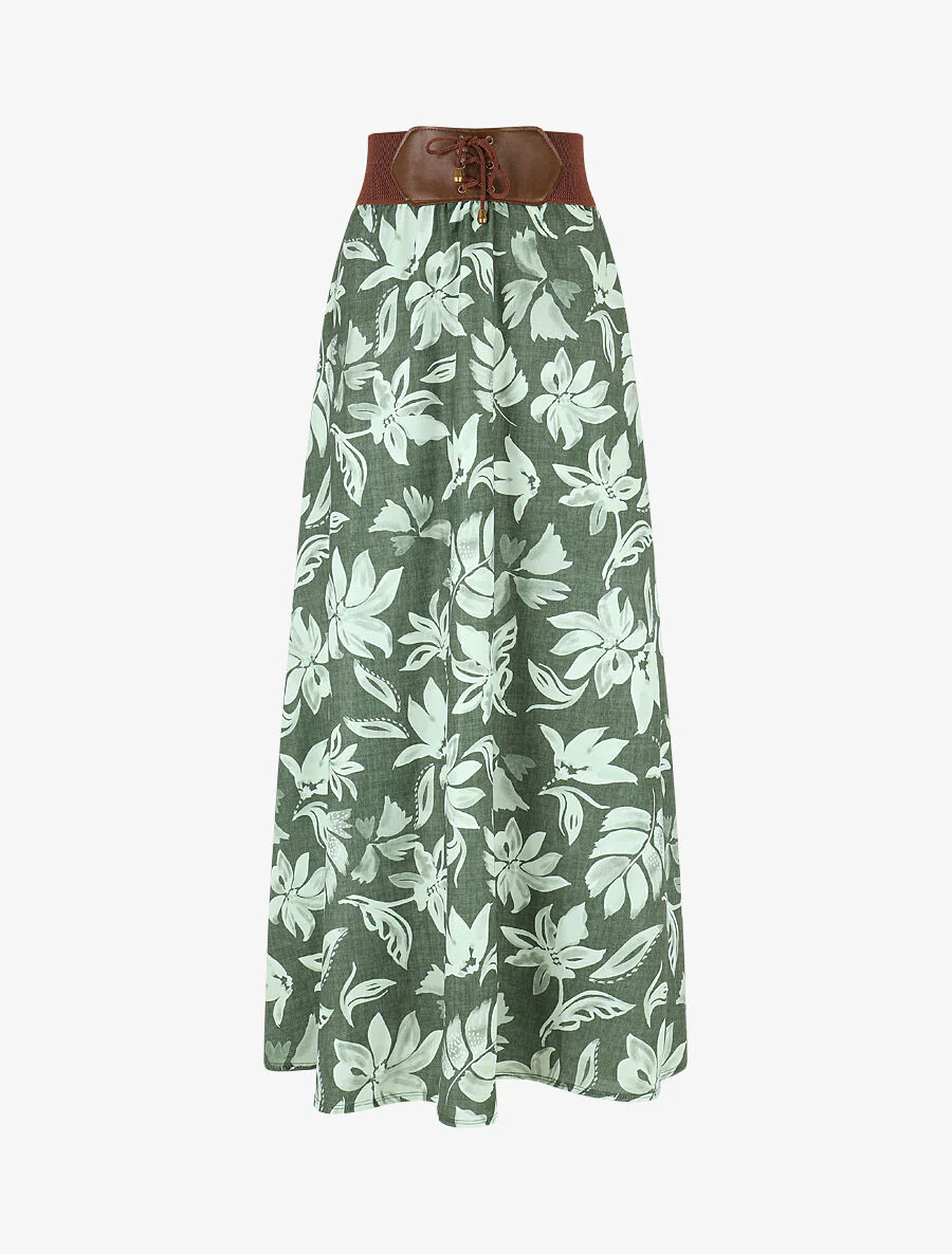 Uitlopende rok met bloemenprint - Kakigroen