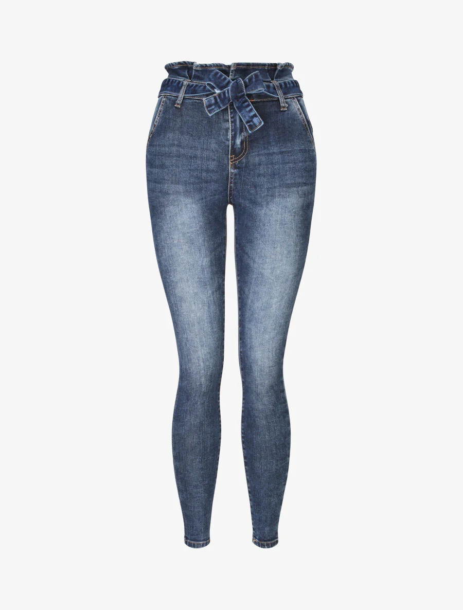 Jean ultra skinny met hoge taille met ruches - Blauw