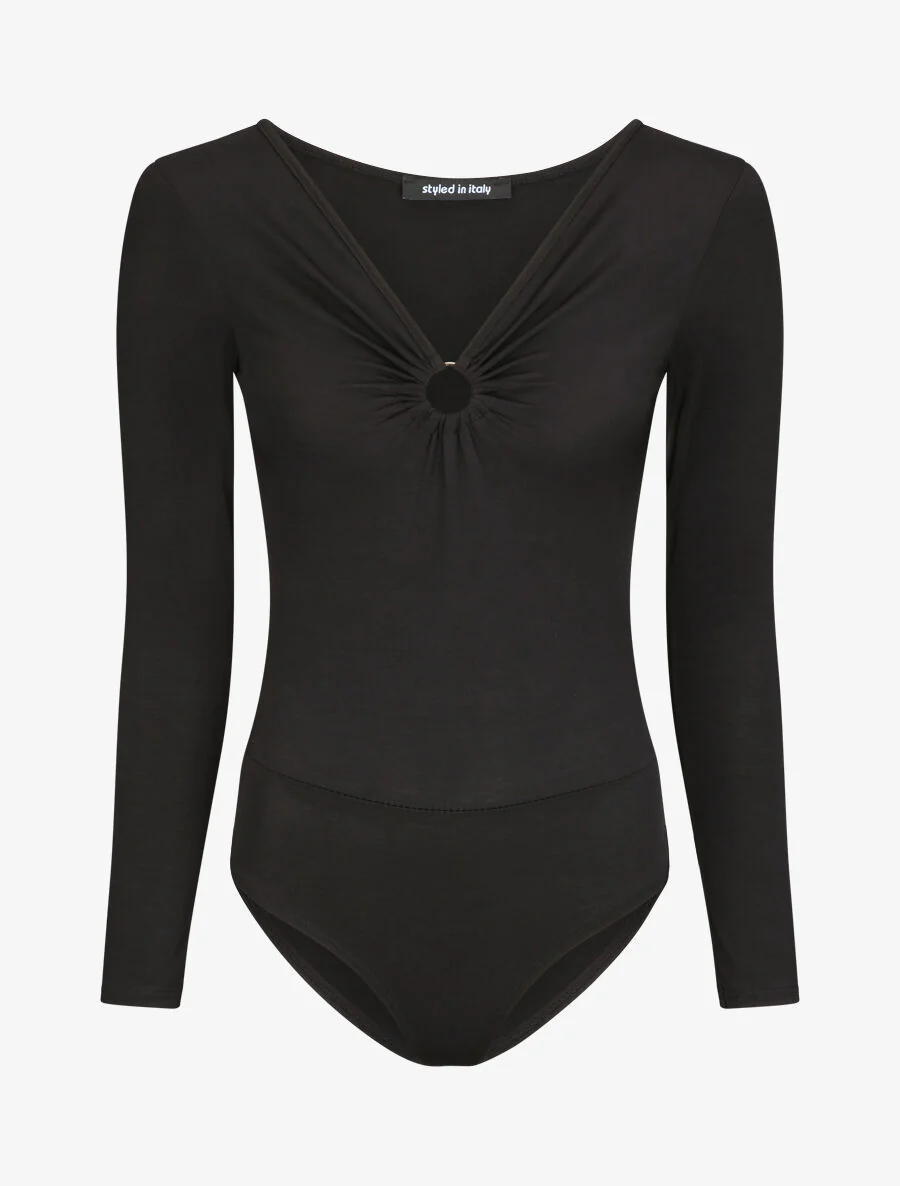 V-hals body met ring detail - Zwart
