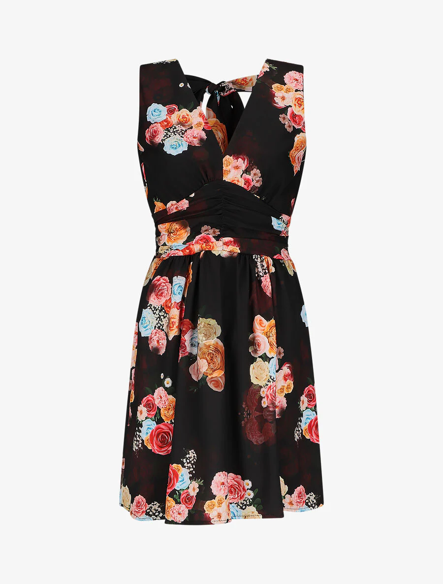 V-hals jurk met bloemenprint - Zwart