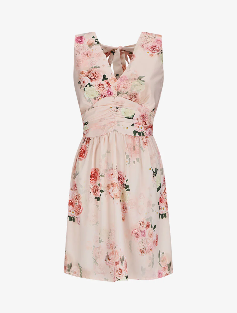 V-hals jurk met bloemenprint - Beige roze