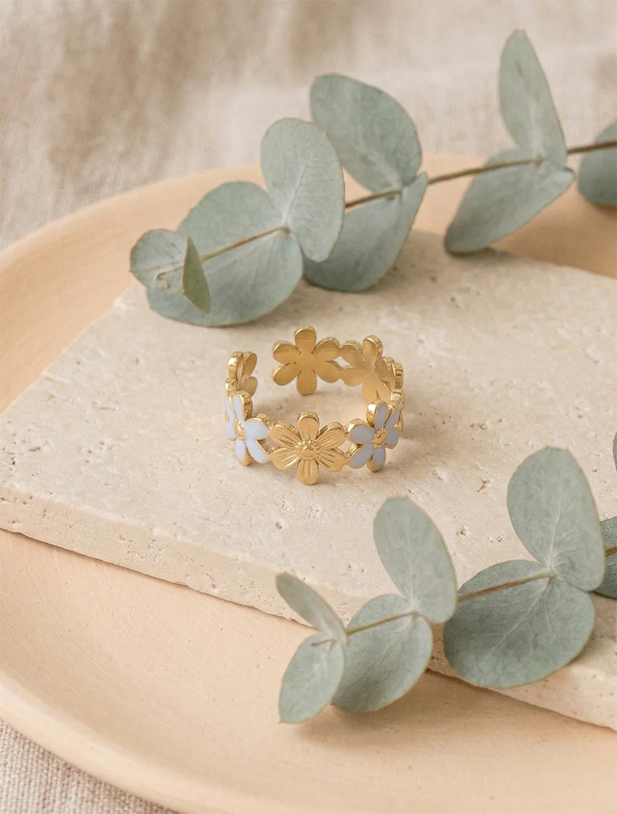 Verstelbare bloemenring - Goud/blauw