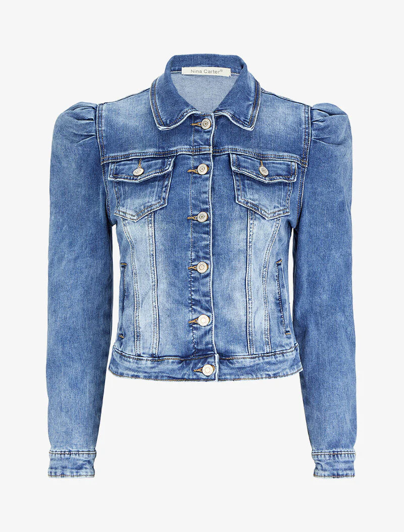 Verbleekte spijkerjas met pofmouwen - Blauw