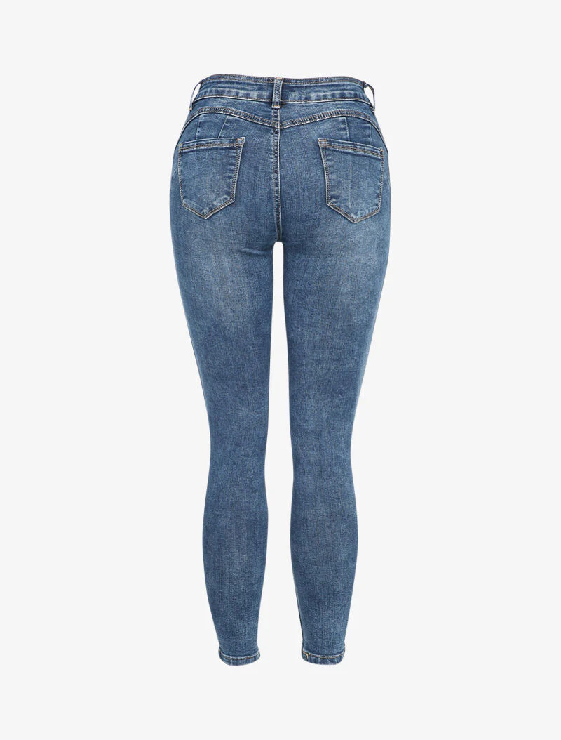 Verwassen slim fit jeans met omgeslagen randen - Blauw - Image 2