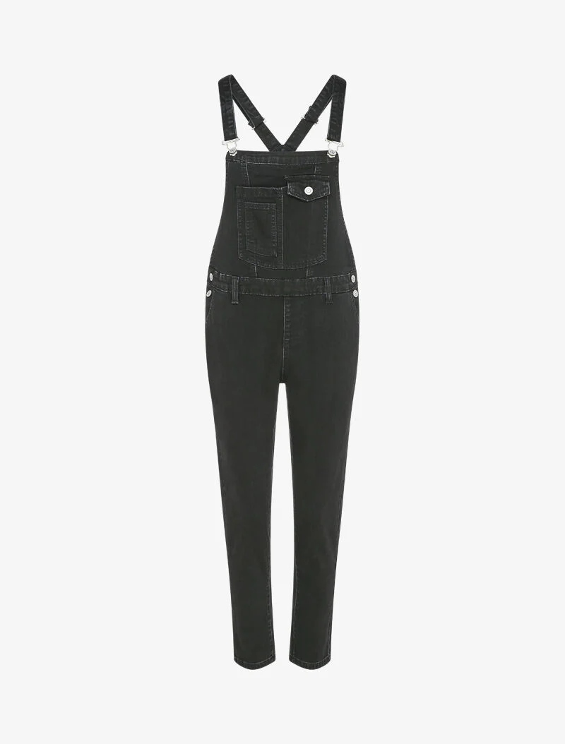 Verweerde slim-fit tuinbroek van denim met gestileerde voorzak - Zwart