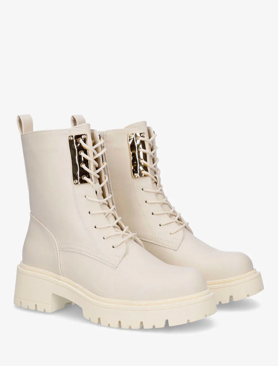 Veterlaarzen met veters en metalen inzetstuk. - Beige - Image 4
