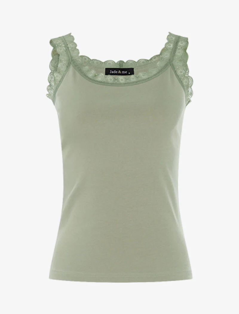 Vierkante halslijn tanktop met kant - kaki
