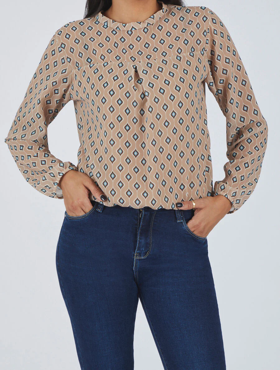 Vintage geprinte zijden blouse - Beige - Image 4
