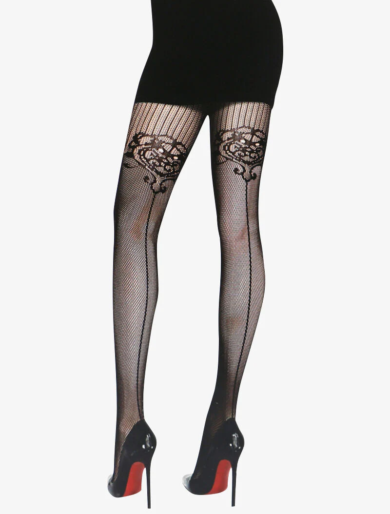 Visnetpanty met barokprint - zwart
