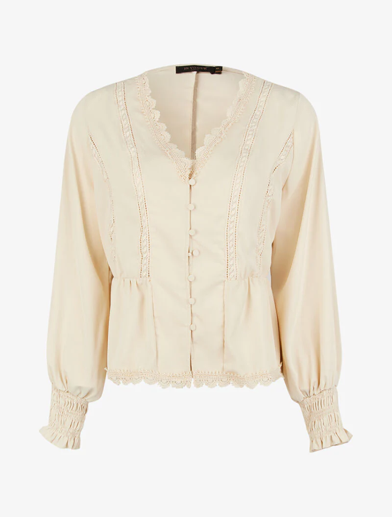 Vloeibare top met haakdetails - beige - Image 2