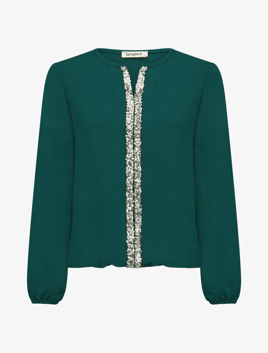 Vloeiende blouse met paillettenband - dennengroen