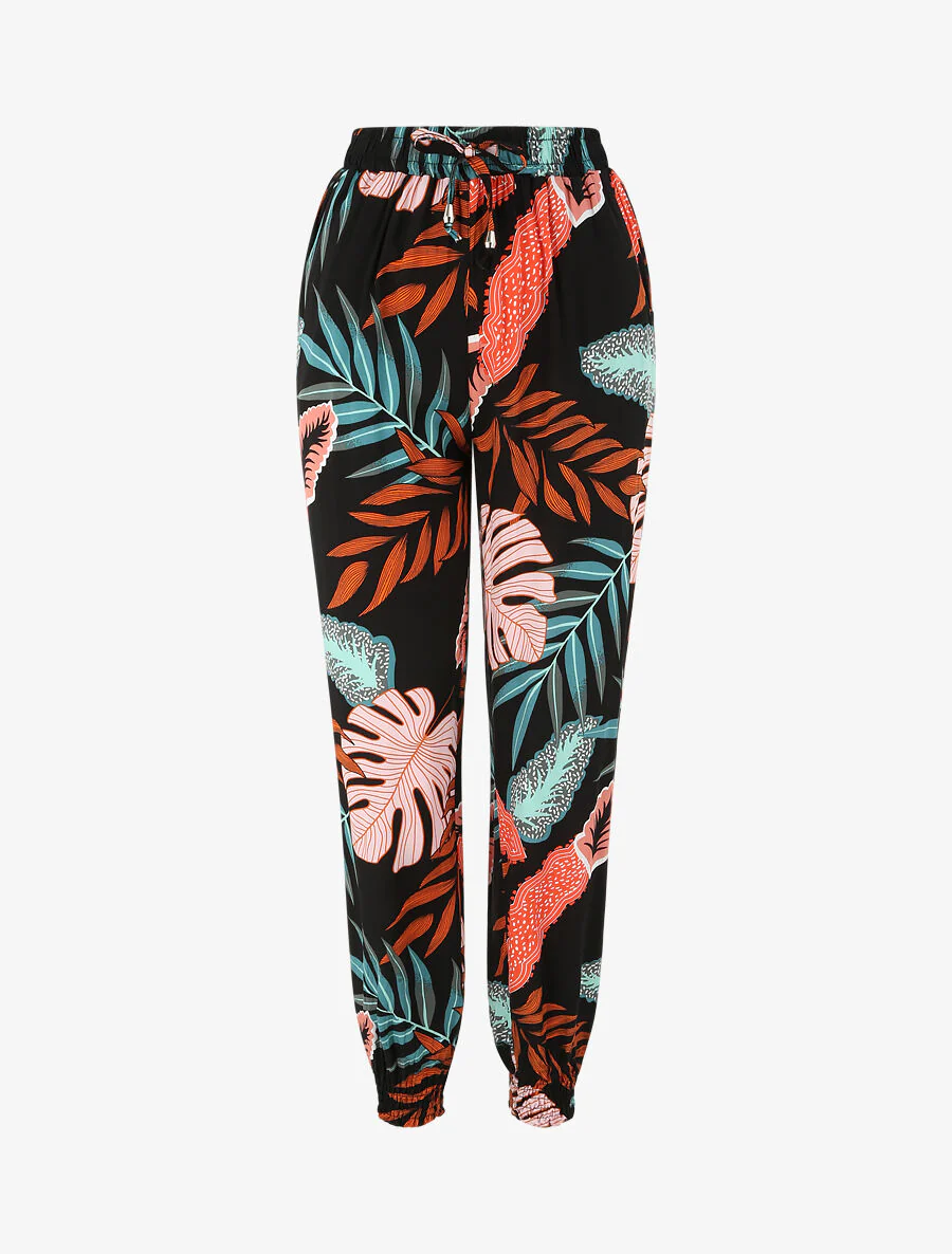 Luchtige broek met bladenprint en elastische boorden - Zwart