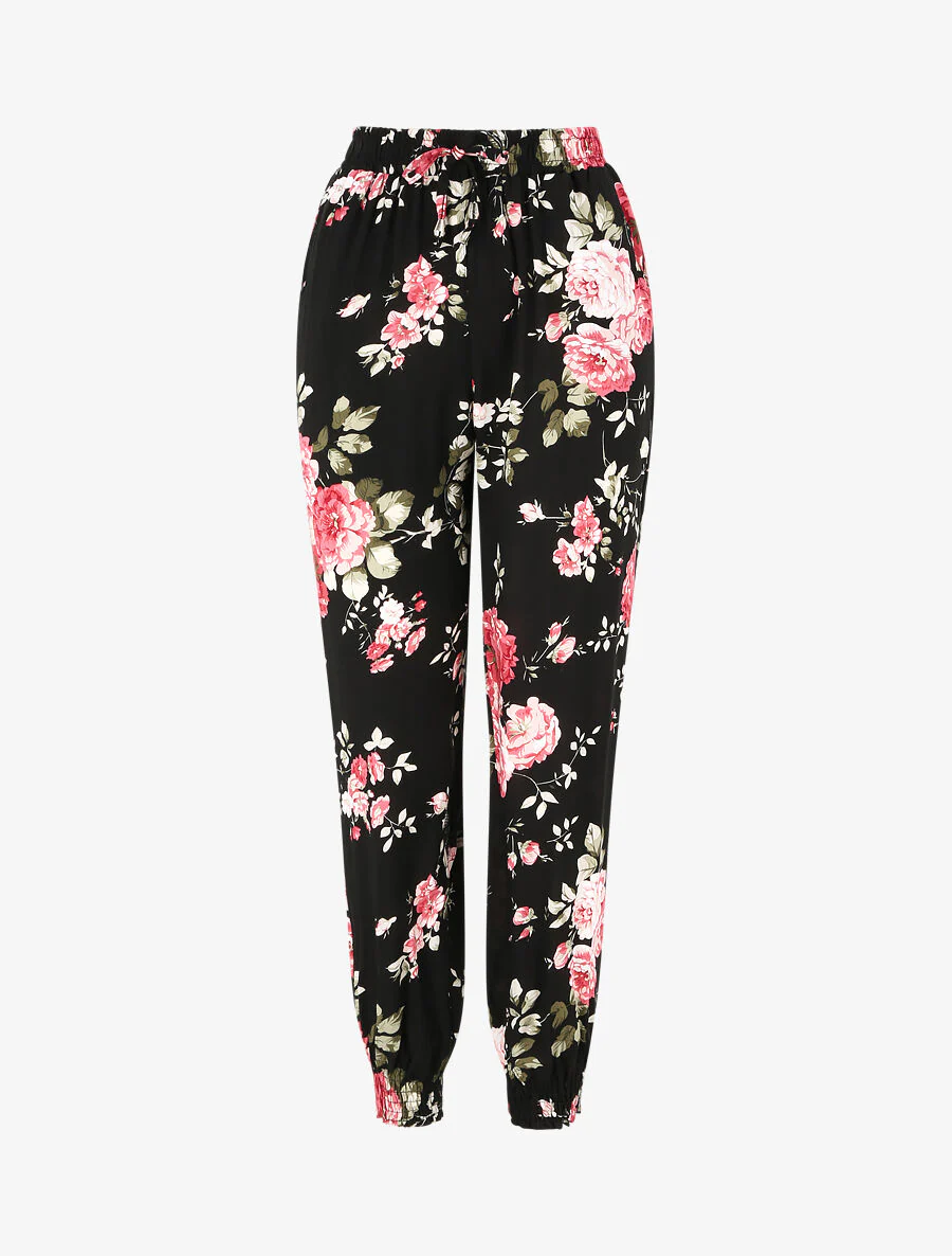 Vloeiende broek met bloemenprint en elastische randen - Zwart
