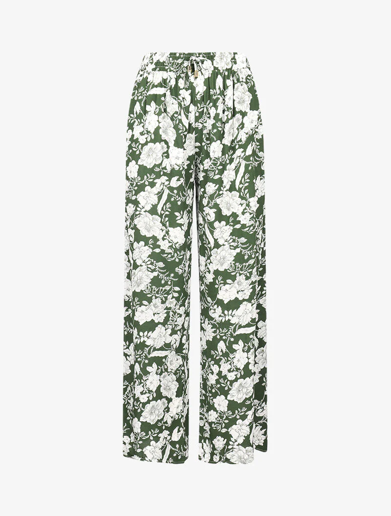 Vloeiende broek met contrasterende bloemenprint - groen