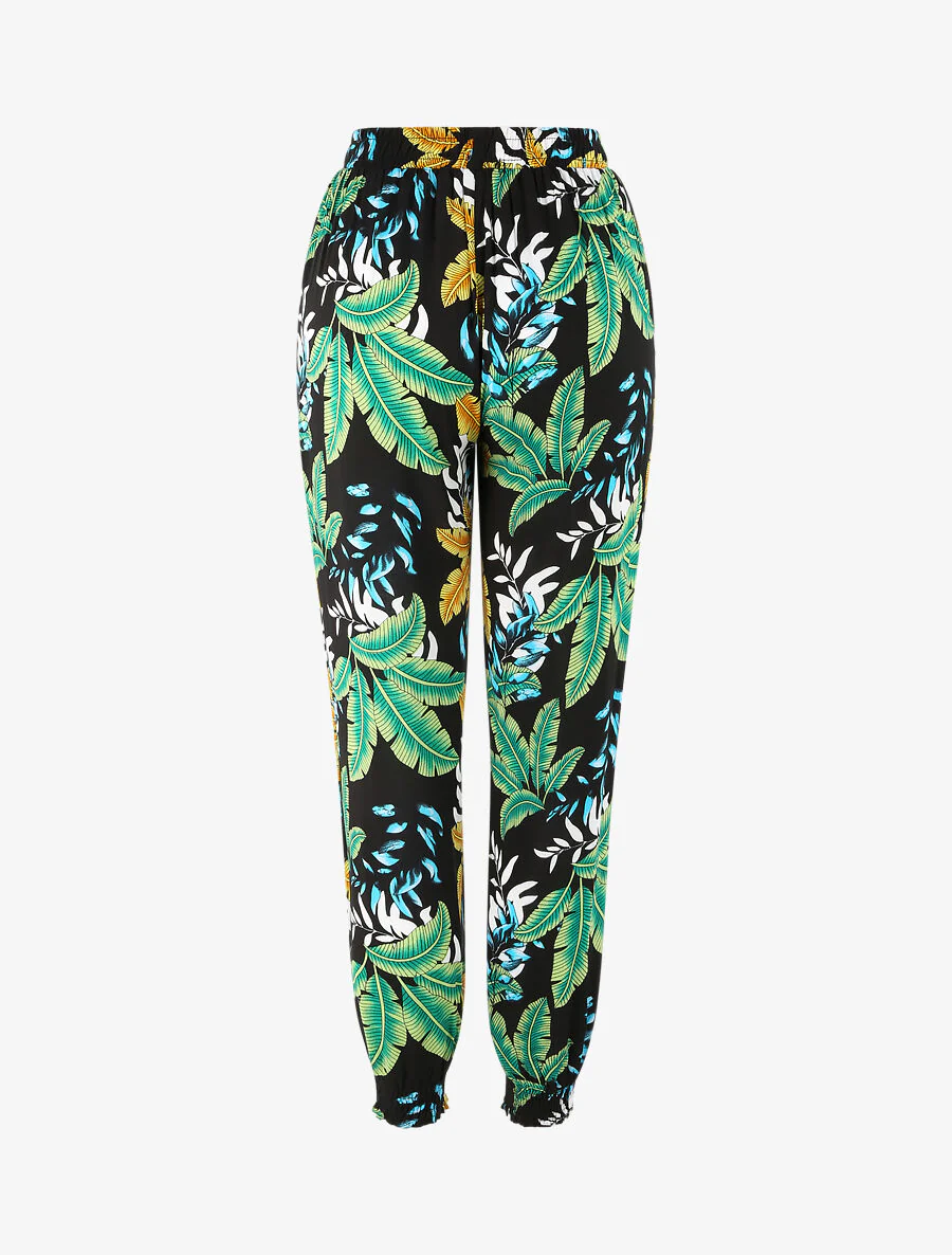 Vloeiende broek met grote bladeren print en elastische randen - Groen - Image 2