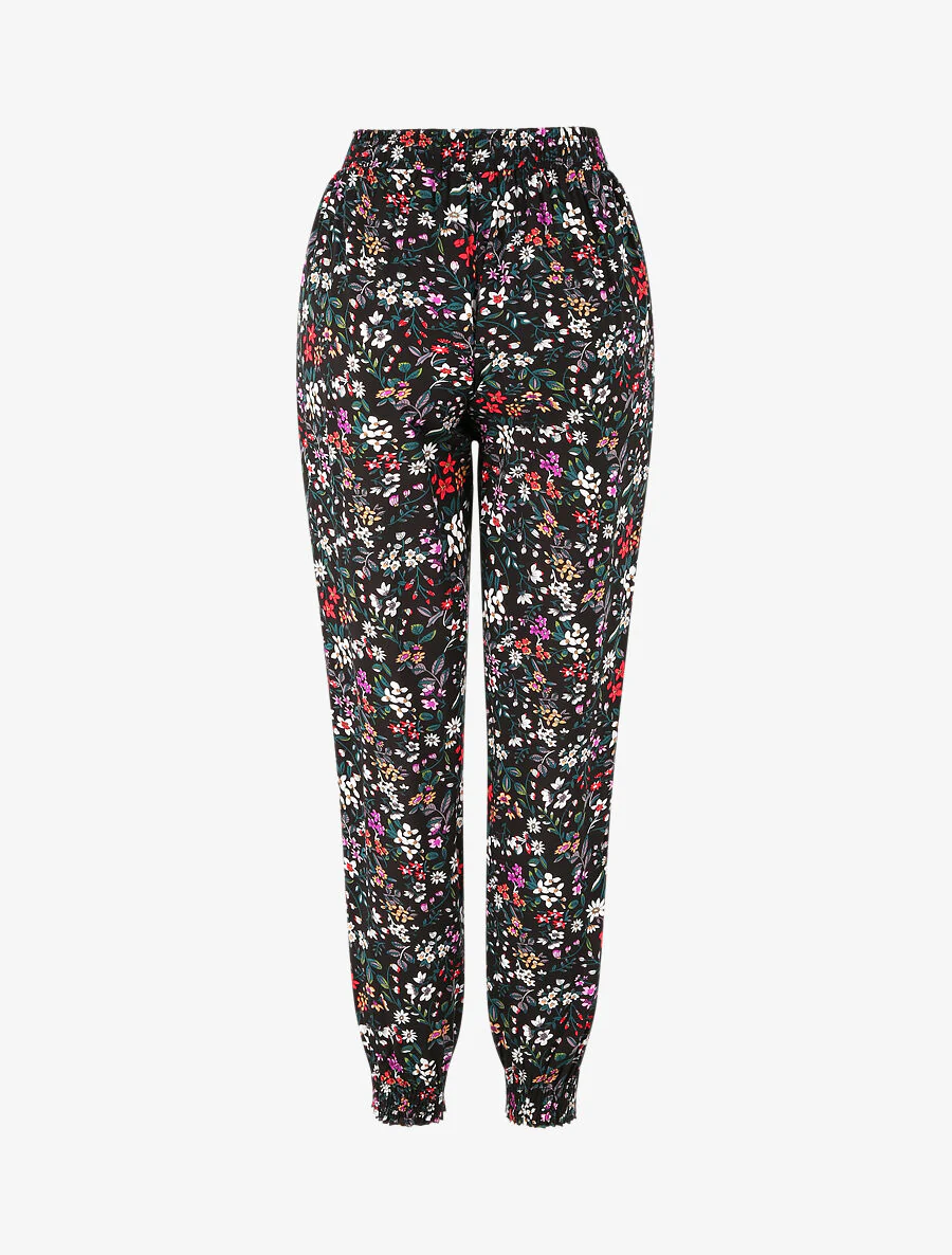 Vloeiende broek met kleine bloemenprint en elastische randen - Zwart - Image 2