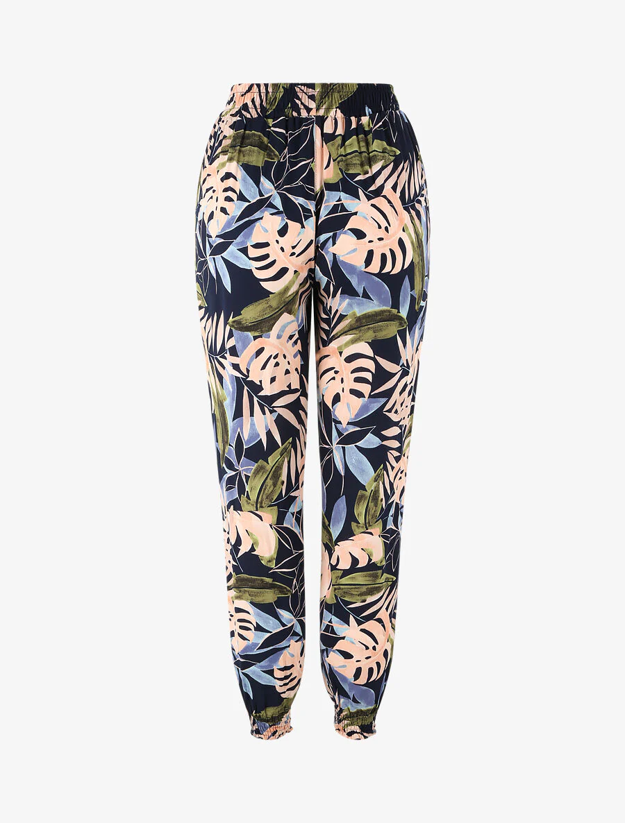 Vloeiende broek met tropische bloemenprint en elastische randen - Marineblauw - Image 2