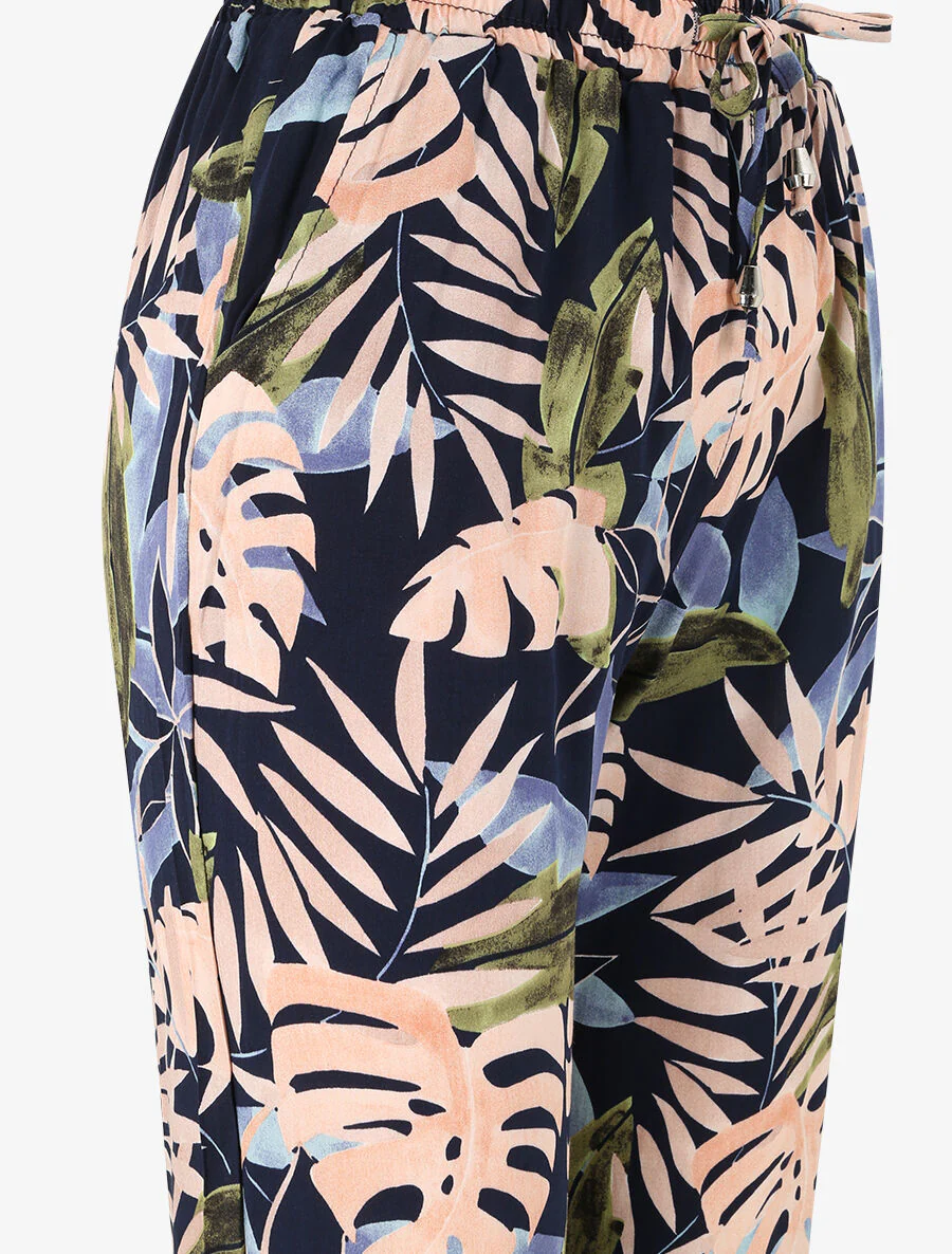 Vloeiende broek met tropische bloemenprint en elastische randen - Marineblauw - Image 3