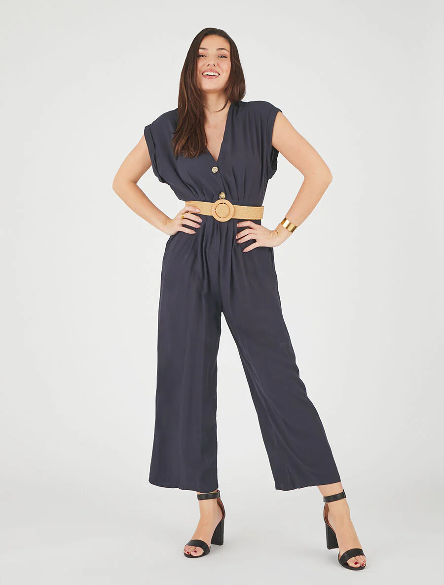 Vloeiende jumpsuit met korte mouwen - Marineblauw - Image 4