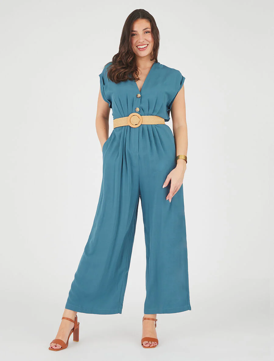 Vloeiende jumpsuit met korte mouwen - Blauwgroen - Image 4