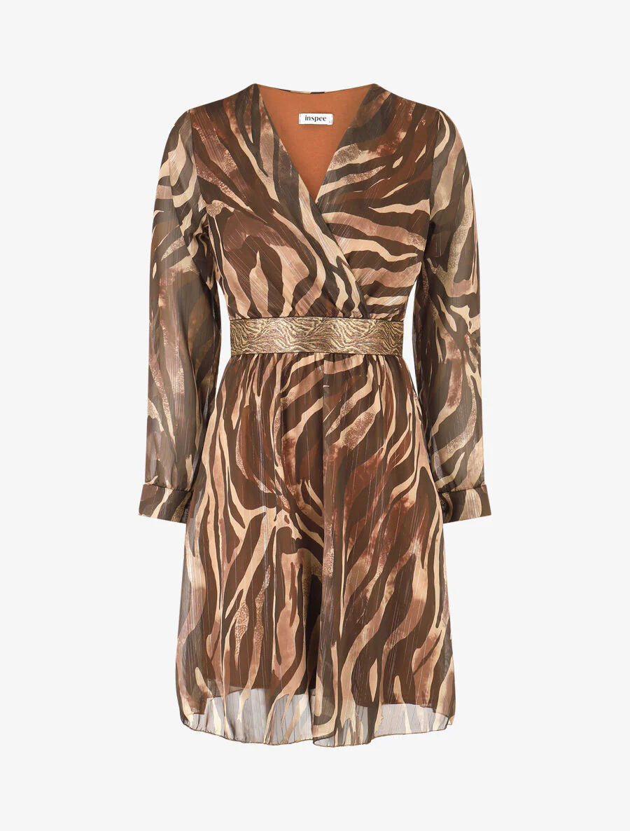 Vloeiende jurk met zebraprint en stijlvolle tailleband - bruin