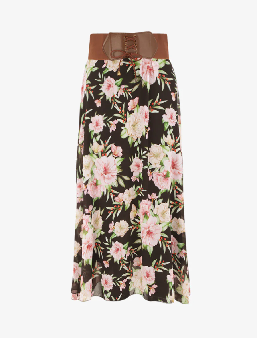 Vloeiende midi-rok met bloemenprint - Zwart
