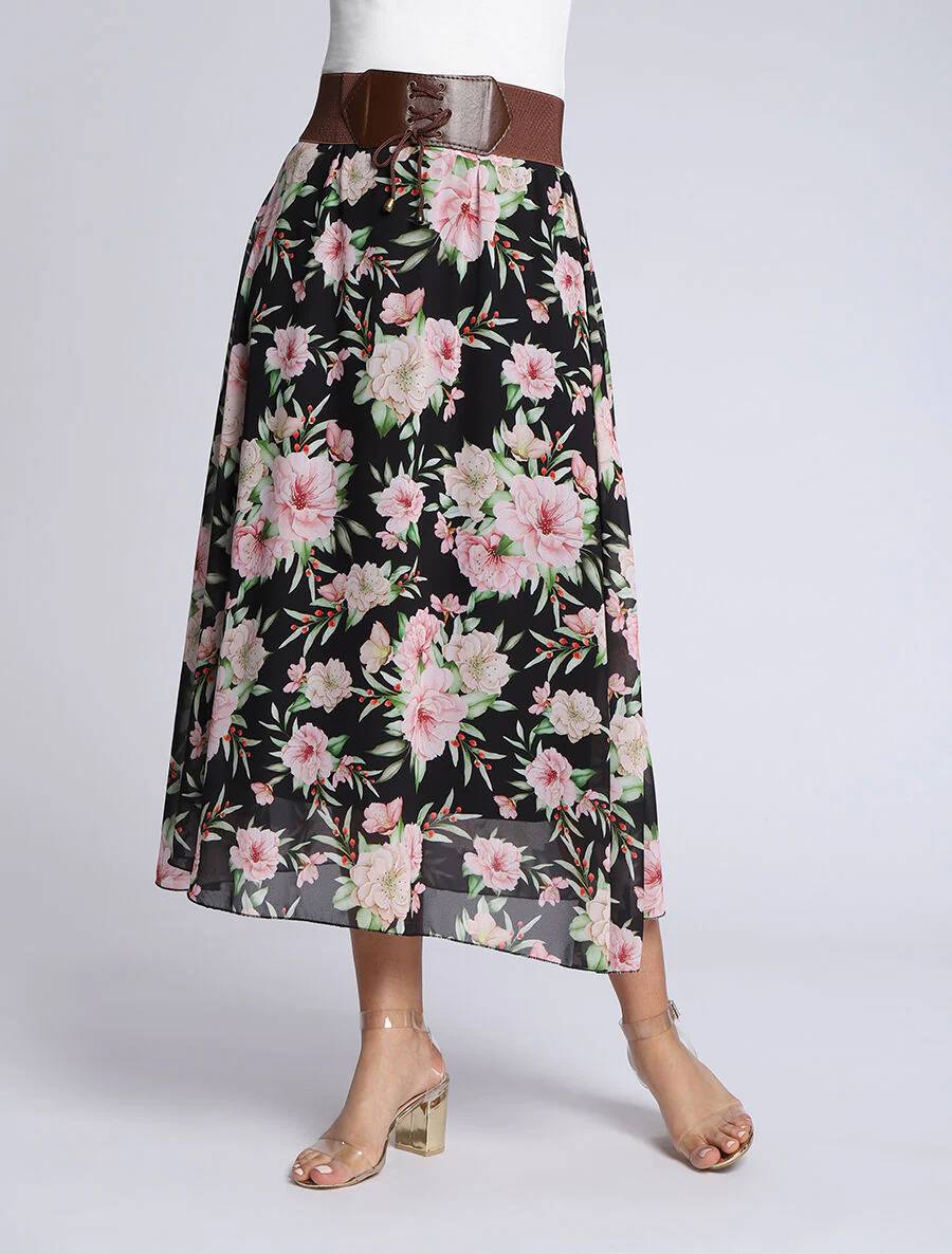 Vloeiende midi-rok met bloemenprint - Zwart - Image 4